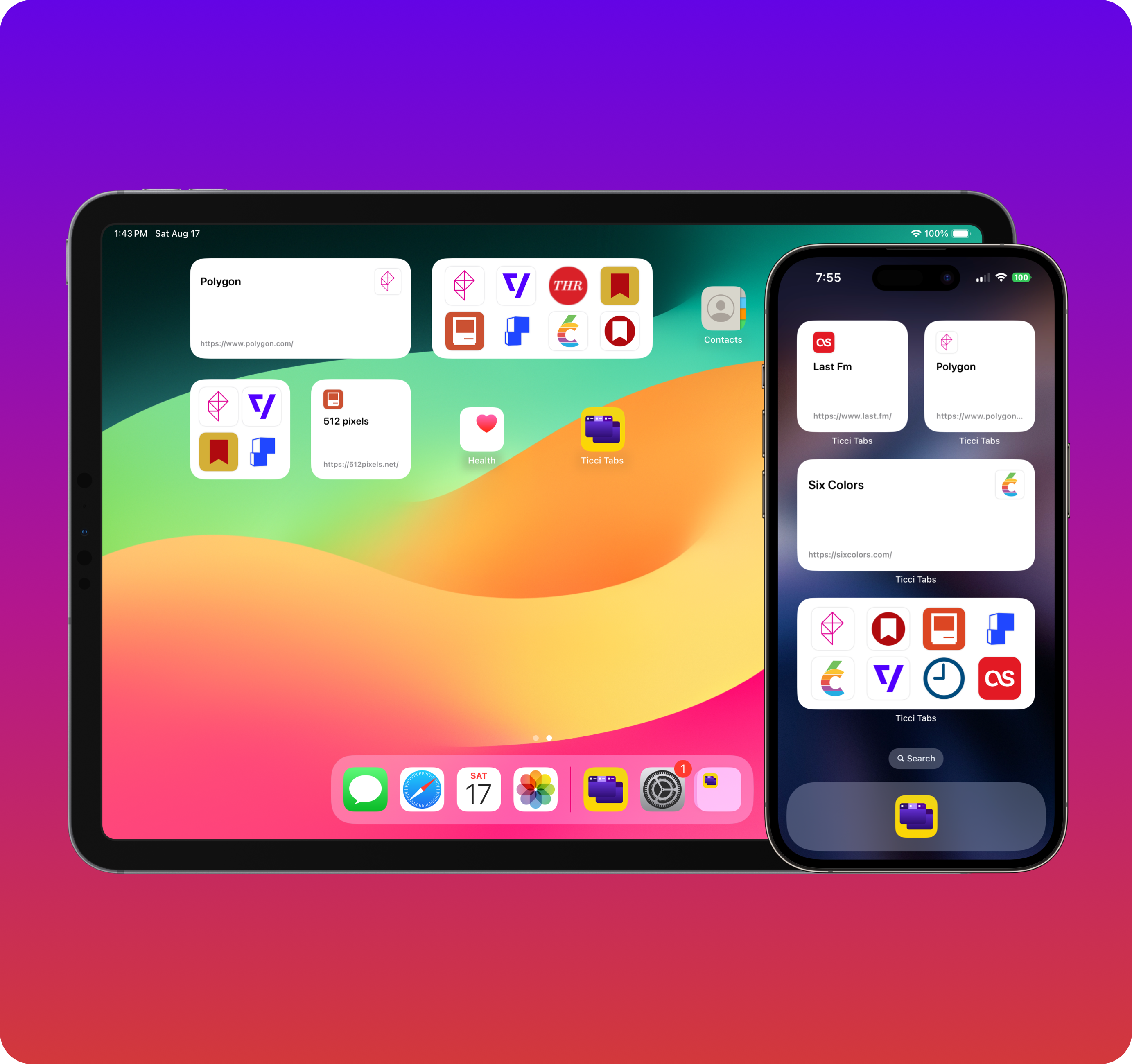An iPad and iPhone showing their homescreens with widgets from my app Ticci Tabs. It displays a grid of favicons from websites letting a user tap them to vist that website in the app.