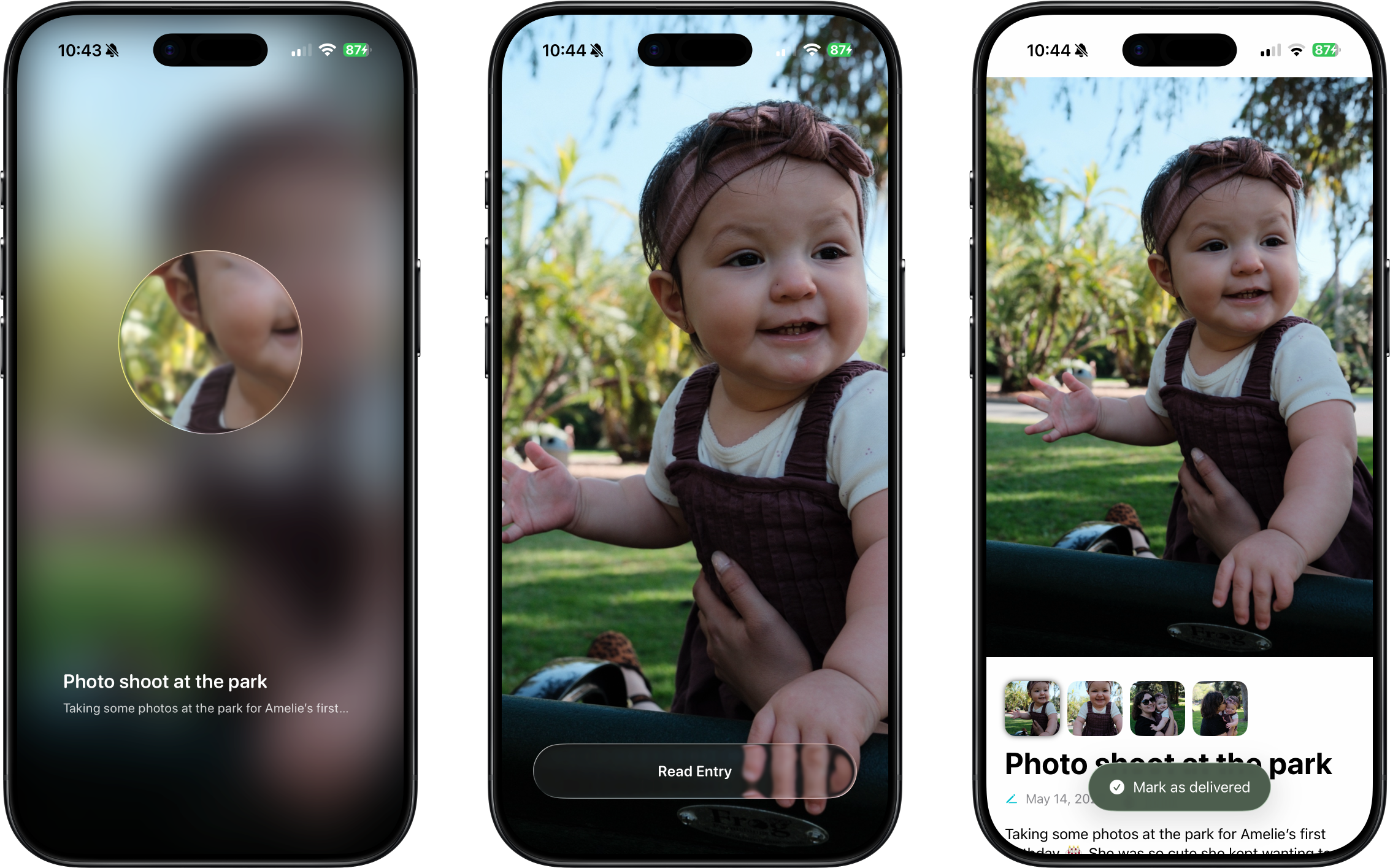 Three iPhones showing what it looks like to have an entry delivered to you in my journal app Timefall.