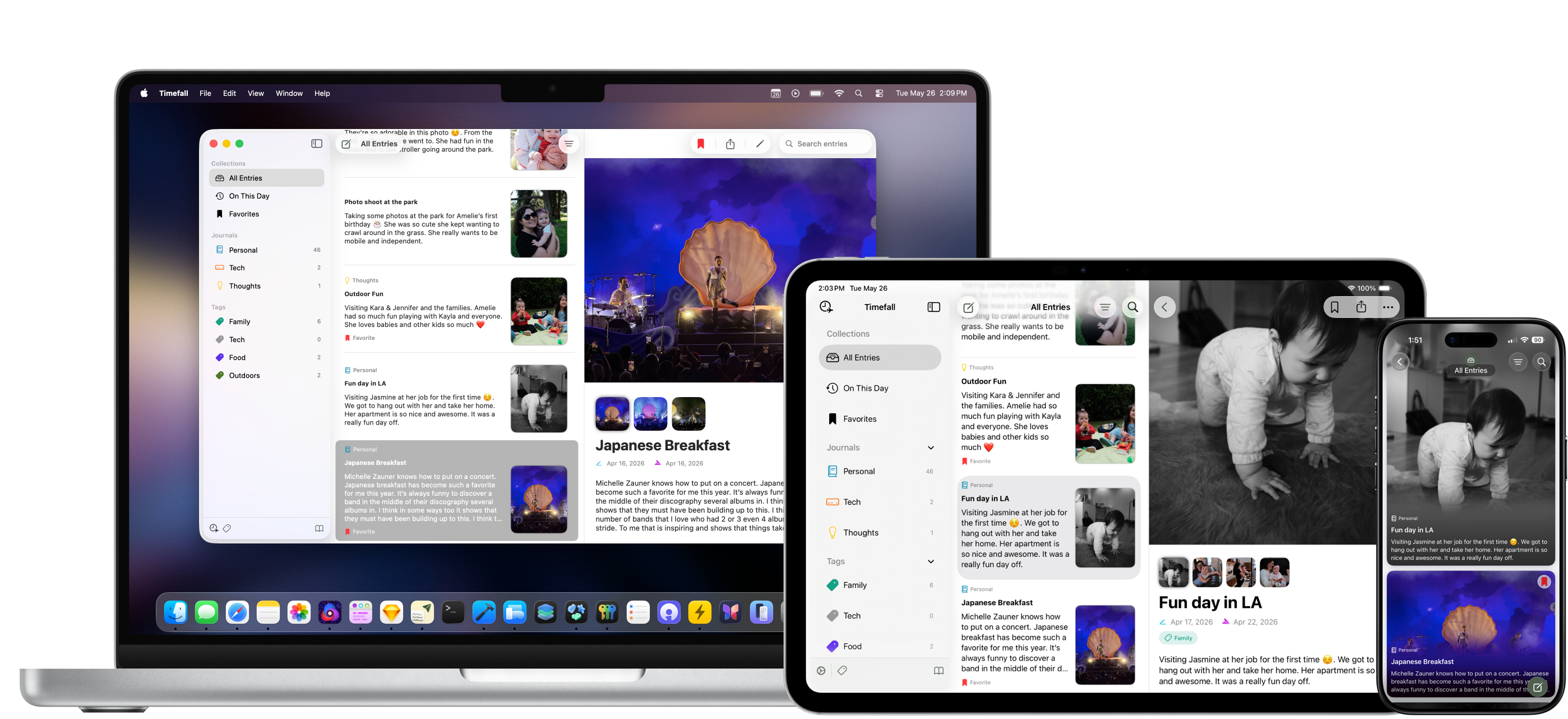 A Mac an iPad and an iPhone running my new journaling app Timefall. This is the hero image for all three platforms displaying the app.